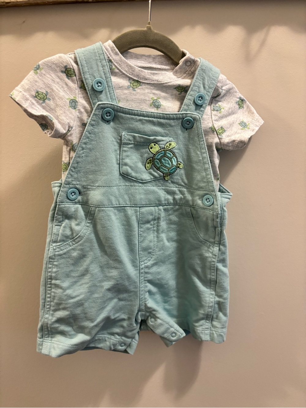 Little Me Light Blue Turtle Embroidered Short Overalls Set